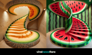 A collection of vibrant fruit-inspired staircases, featuring pineapple, melon, watermelon, grapefruit, and orange designs.