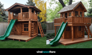 A stunning wooden two-story playhouse with a green slide and a classic log-cabin design in a serene backyard setting.