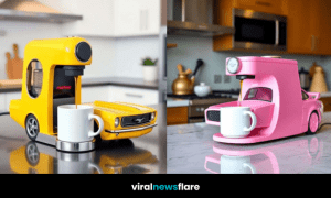A collection of Mustang-inspired coffee machines in yellow, pink, black, and red displayed in a stylish kitchen.