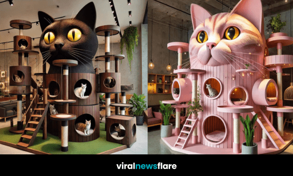 A stylish giant cat playground featuring multiple levels, tunnels, and play spaces for cats to explore.