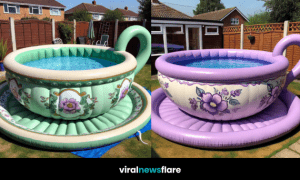A large inflatable teacup pool with intricate floral patterns in a green garden, perfect for summer relaxation