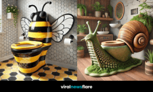 A collection of unique bug-themed toilets, including designs inspired by bees, ladybirds, beetles, and snails.