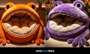 Plush frog-shaped sofas in green, purple, pink, and orange displayed in a cosy home setting.