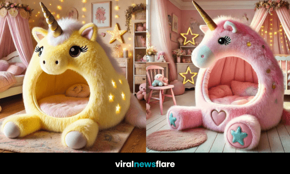 A dreamy unicorn-themed bedroom featuring a plush unicorn bed, fairy lights, and pastel decor.