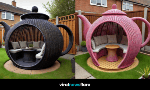 A collection of unique teapot-shaped garden pods in various colours, each with comfortable seating and a whimsical design.