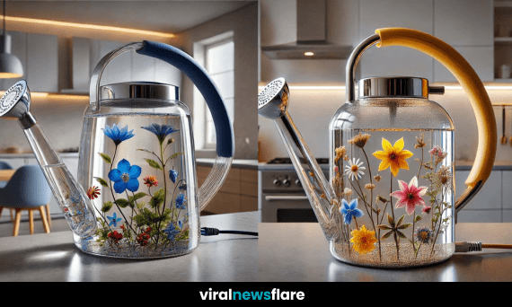 A stylish glass watering kettle with intricate floral designs, placed in a modern kitchen setting