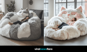 A large, fluffy cat-shaped bean bag with a woman relaxing in it, designed for ultimate comfort.