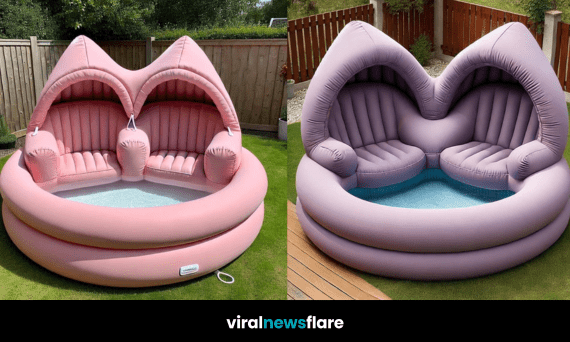 A collection of stylish inflatable lounger pools in various colours, set in elegant garden spaces