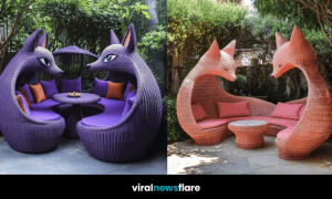 A beautifully designed fox-shaped outdoor sofa with elegant woven details and plush cushions in a tranquil garden setting.