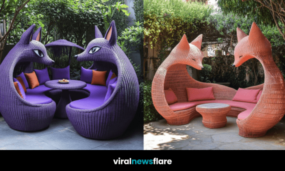 A beautifully designed fox-shaped outdoor sofa with elegant woven details and plush cushions in a tranquil garden setting.