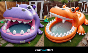A collection of inflatable animal-themed pools in different colours, designed for family-friendly garden fun.