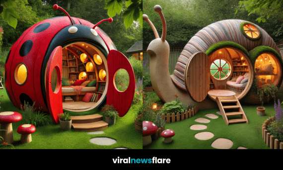 A magical garden featuring insect-inspired wooden pods designed like a snail, bee, ladybird, and butterfly, nestled among lush greenery.