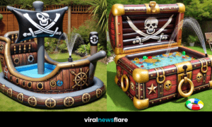 A fun pirate-themed inflatable pool featuring a Jolly Roger flag, water sprayers, and a wooden deck design.
