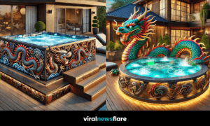 Majestic dragon sculpture in a hot tub in a luxury garden at sunset.