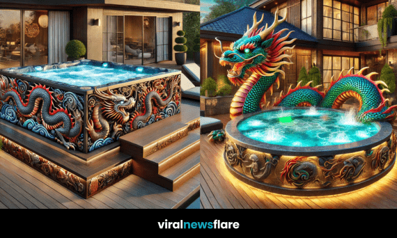 Majestic dragon sculpture in a hot tub in a luxury garden at sunset.