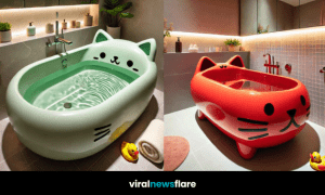 A cheerful yellow cat-shaped bathtub in a stylish modern bathroom with candles and lush plants