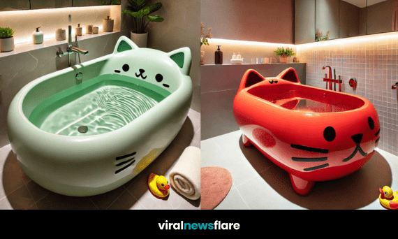 A cheerful yellow cat-shaped bathtub in a stylish modern bathroom with candles and lush plants