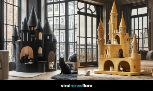 Black cat castle with gothic towers featuring several cats sitting inside and around it