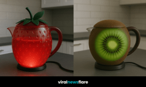 A stylish lineup of four fruit-shaped kettles: apple, orange, strawberry, and kiwi, displayed in a modern kitchen