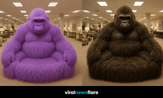 A collage of pink, blue, brown, and purple gorilla-shaped sofas displayed in a furniture store environment.