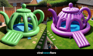 A collage of colourful teapot-shaped inflatable pools set in vibrant green gardens.