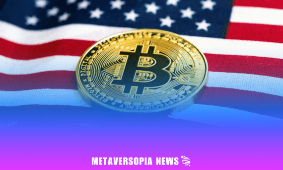 Bitcoin coin on an American flag with 'Metaversopia News' branding, representing cryptocurrency regulation and market trends in the U.S