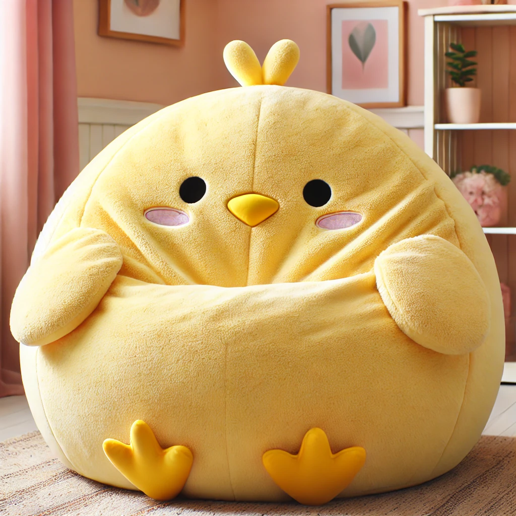Bright yellow chick-shaped bean bag with soft plush fabric and adorable wing details.