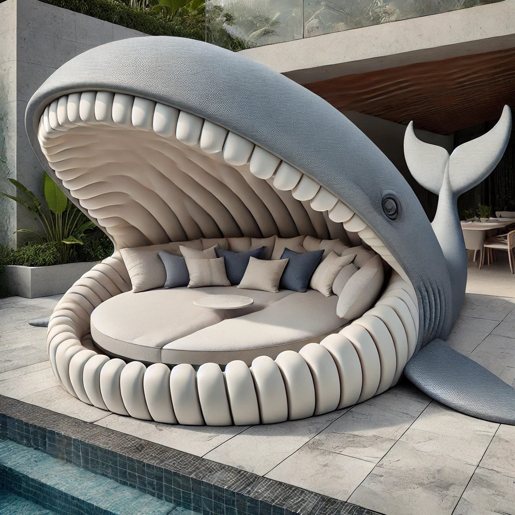 A stunning whale-shaped outdoor sofa with ribbed interior seating, offering a unique marine-themed relaxation experience.
