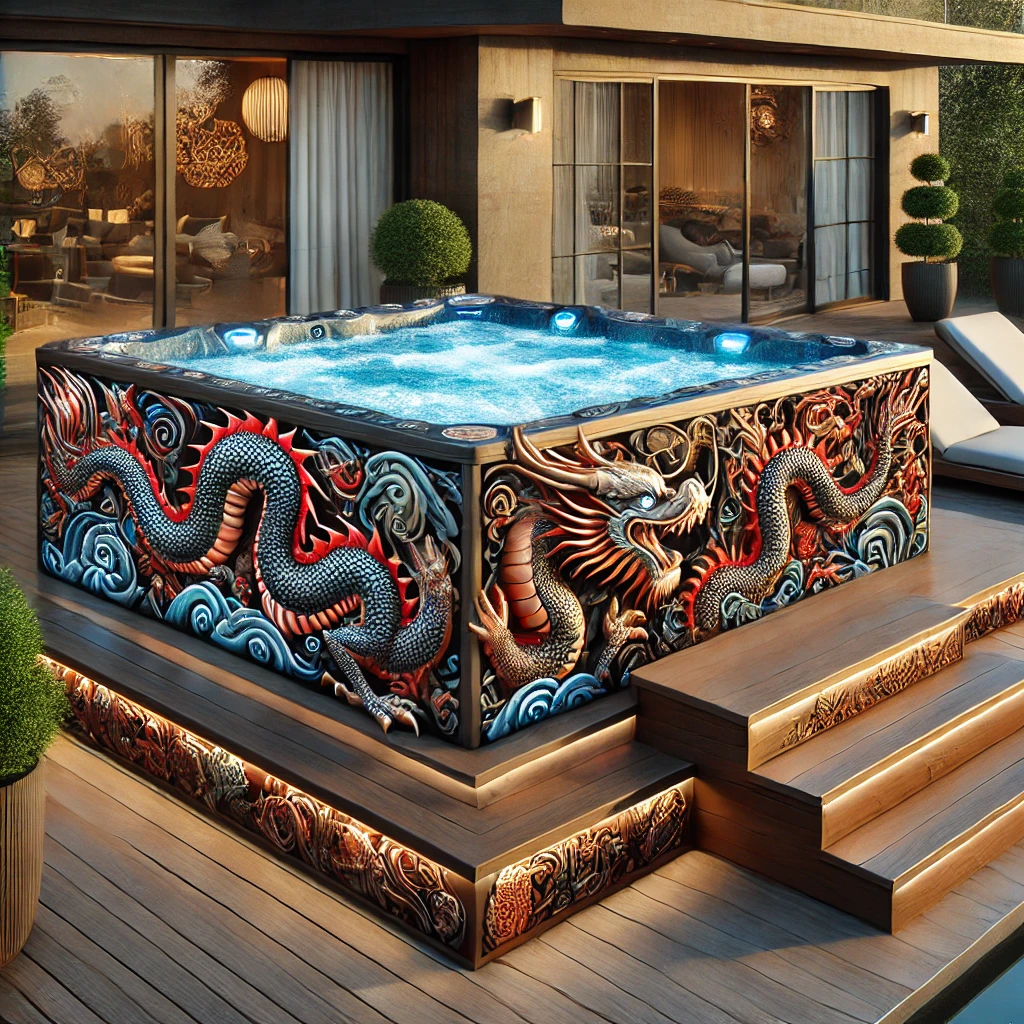 Luxurious square hot tub with detailed red dragon engravings and LED-lit base on a wooden patio.