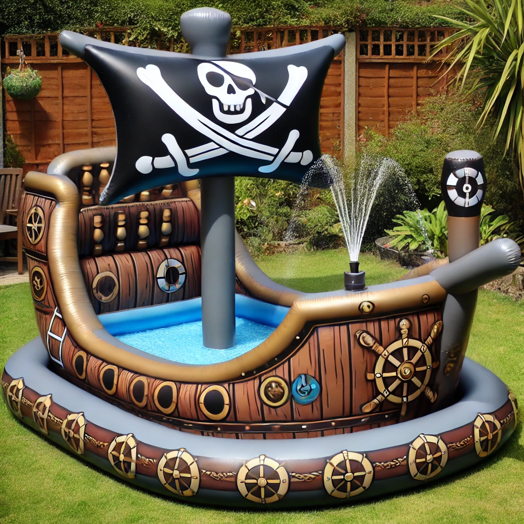 An inflatable pirate ship pool with a black sail, Jolly Roger flag, and built-in water sprayer in a garden setting.