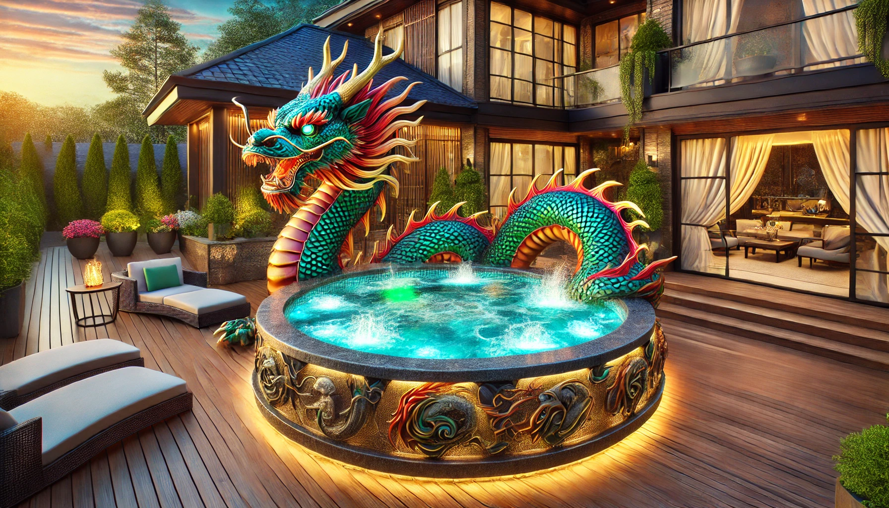 Colourful dragon sculpture in a round hot tub surrounded by plants and luxury decking.