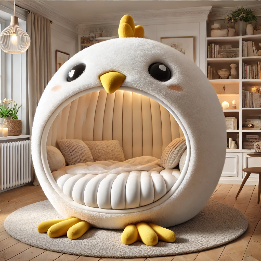 A whimsical chicken-shaped bed featuring soft cushions, a cute beak, and bright yellow feet for added charm.