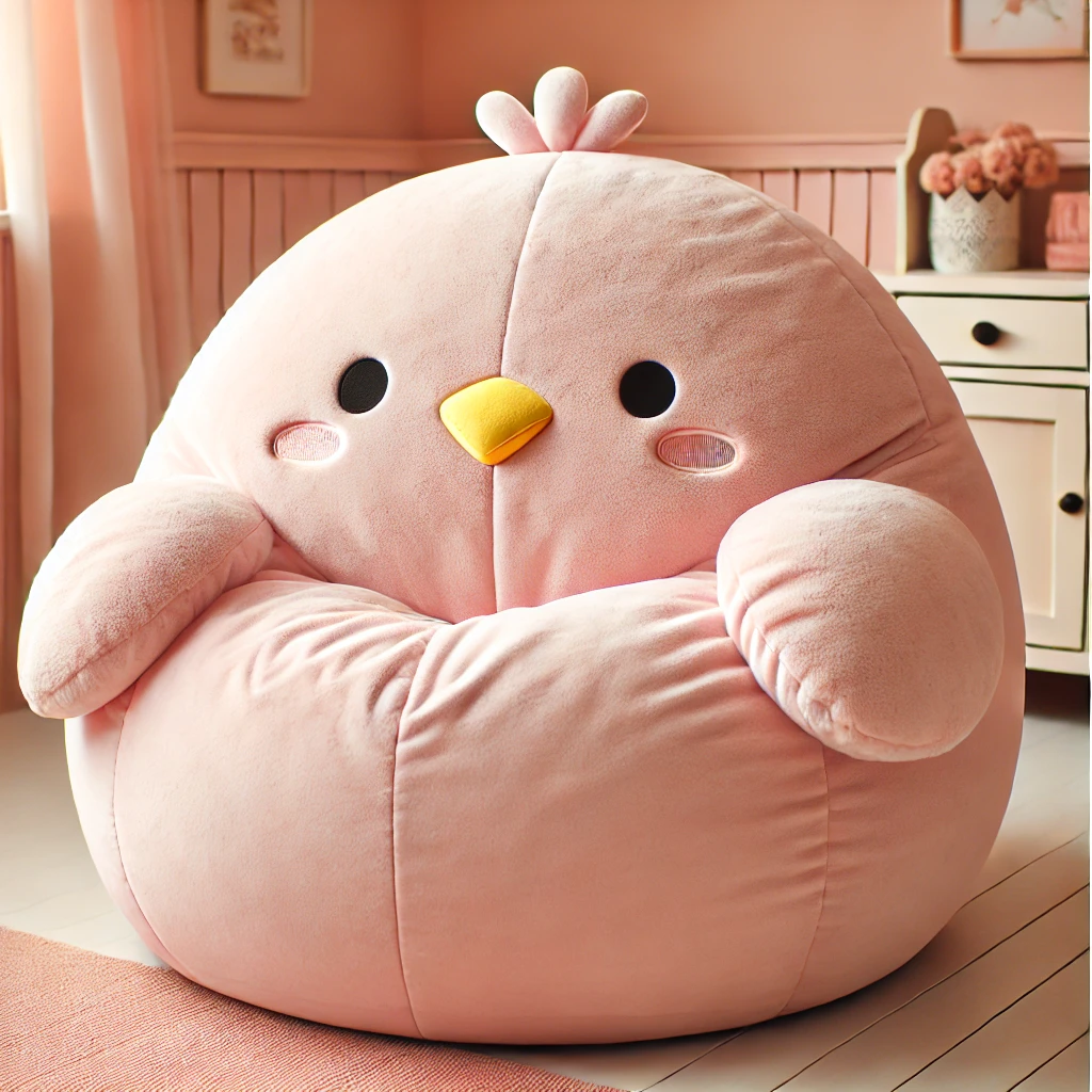 Cute, oversized pink bird bean bag chair in a cosy pastel room.