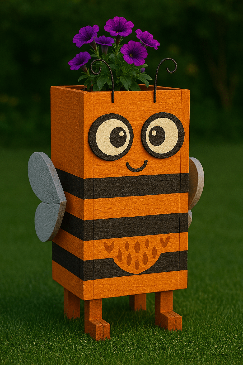 Orange and black striped bee flower planter with smiling face and purple flowers
