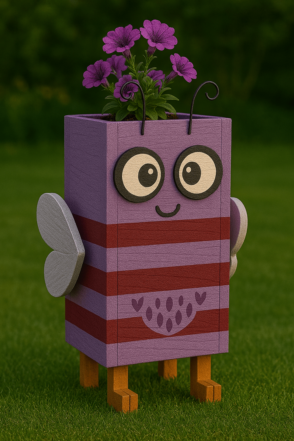 Lavender and red striped bee-themed planter with purple petunias and heart details