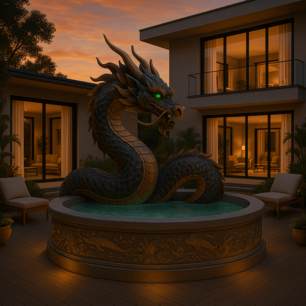 Serene bronze dragon rising from a circular spa in a modern courtyard with glowing green eyes.