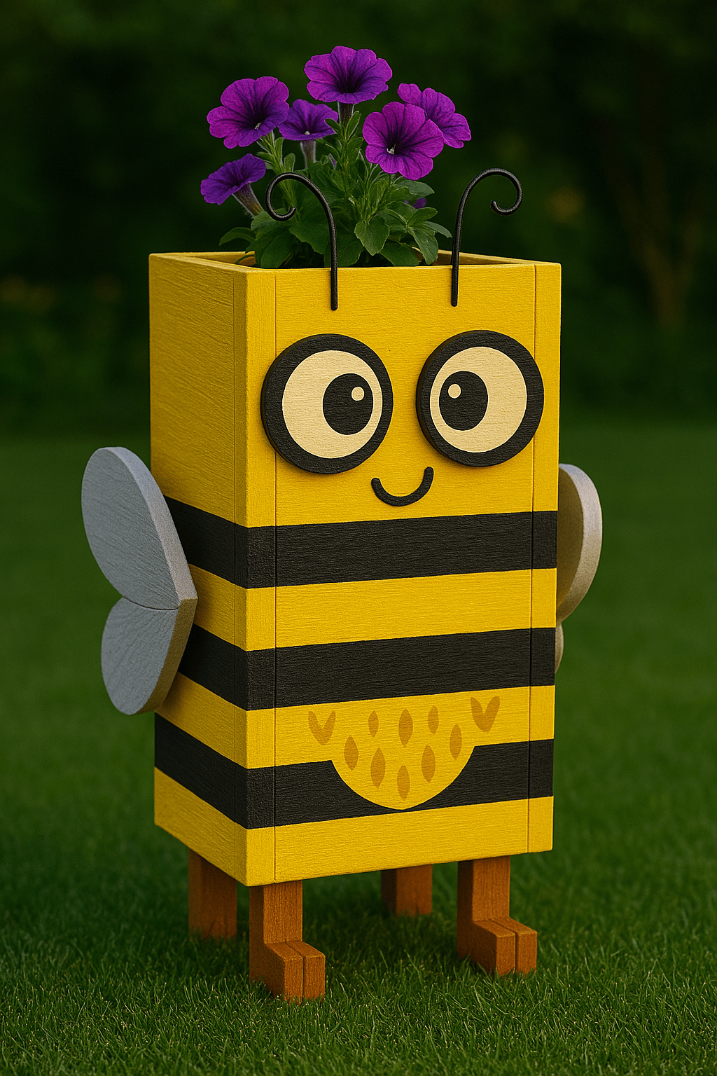 Yellow and black striped bee planter with large cartoon eyes and purple petunia flowers
