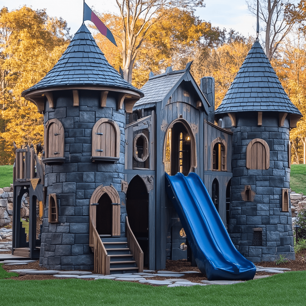 Dark grey and wood castle playhouse featuring twin towers, climbing steps and a dual blue slide