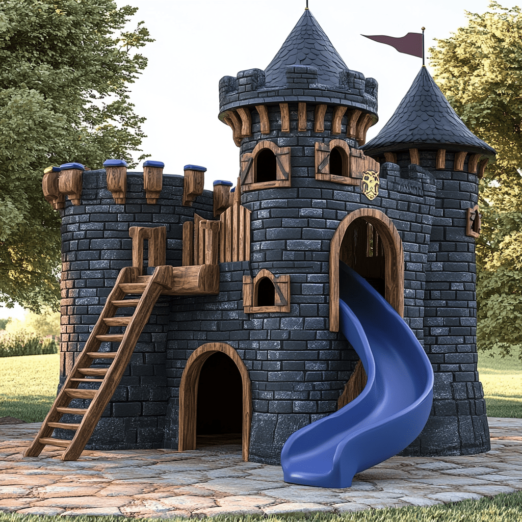 A bold fortress-style children’s playhouse with grey stone texture, wooden ladder and curved blue slide.