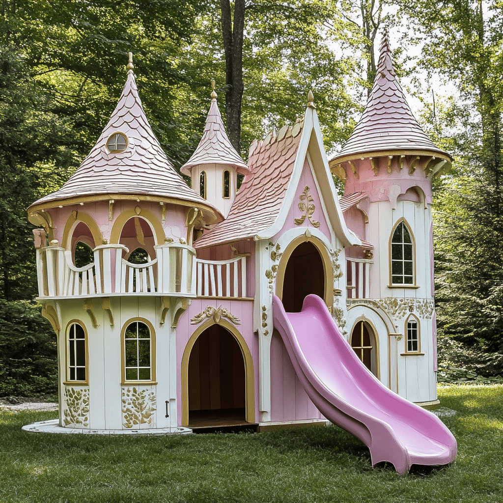 “A whimsical pink and gold princess castle playhouse with slide, set in a wooded garden.