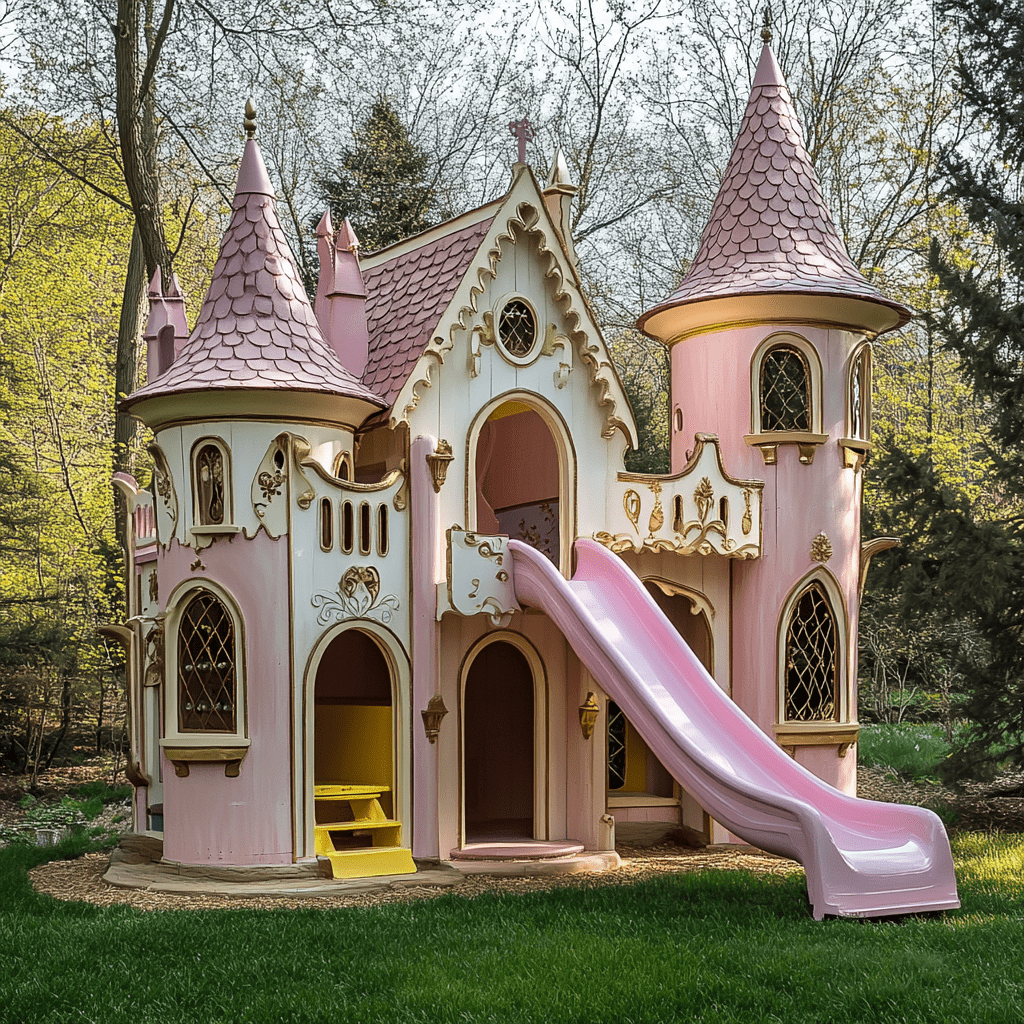 A beautifully detailed pink castle playhouse featuring turrets, a curved pink slide and ornate windows.