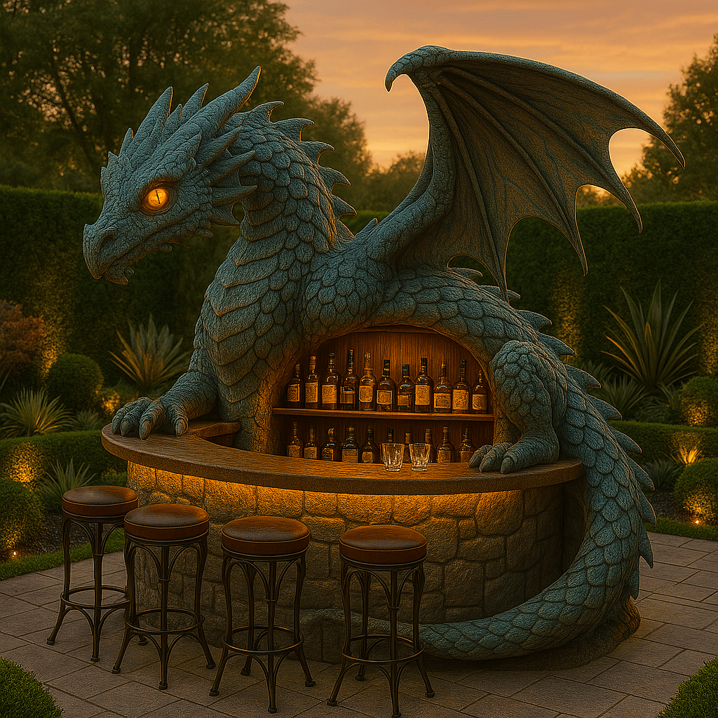 Dark blue dragon sculpture with glowing eyes forming a whisky bar in a garden at sunset

