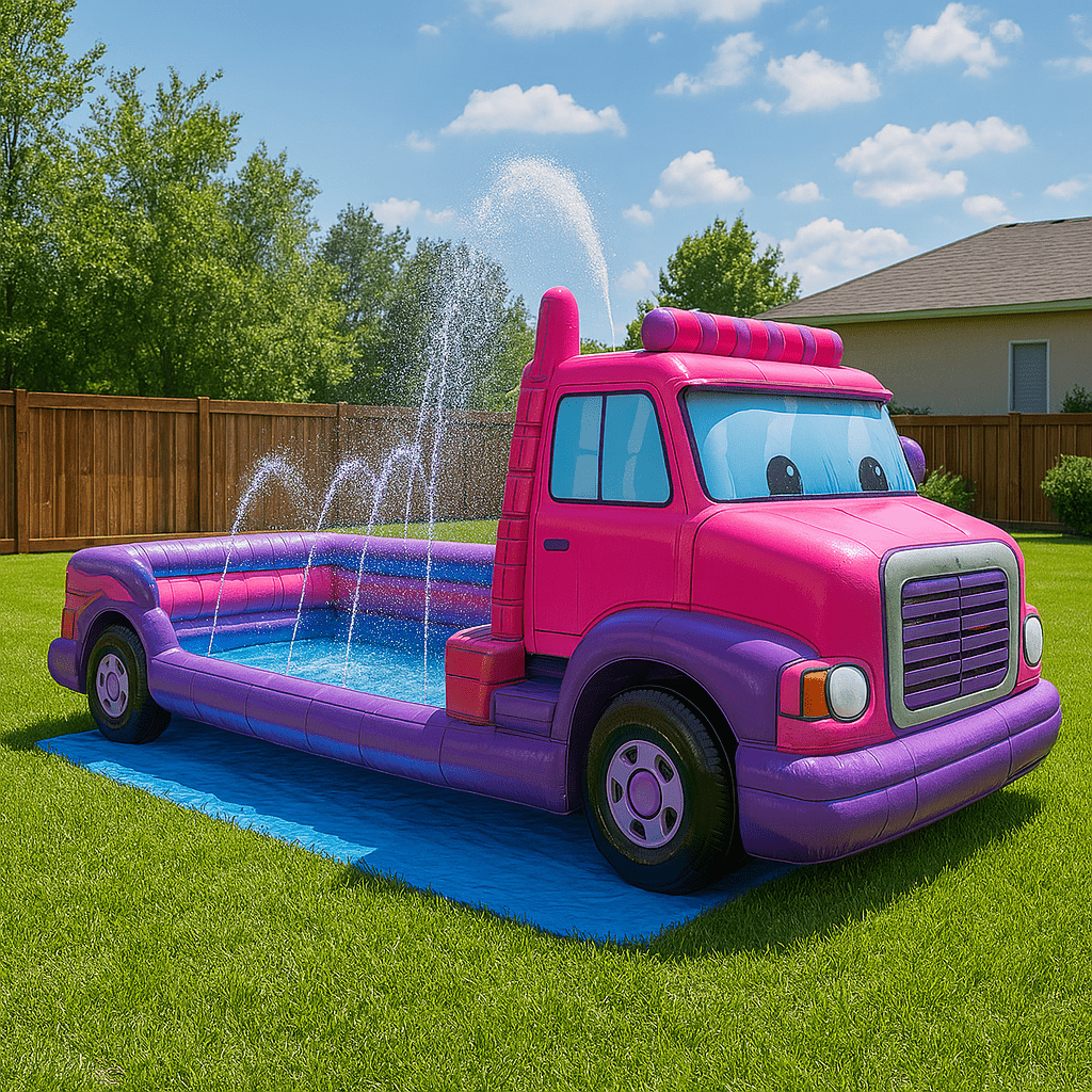 Inflatable pool in the shape of a pink and purple lorry with water sprinklers creating an arch over the pool.