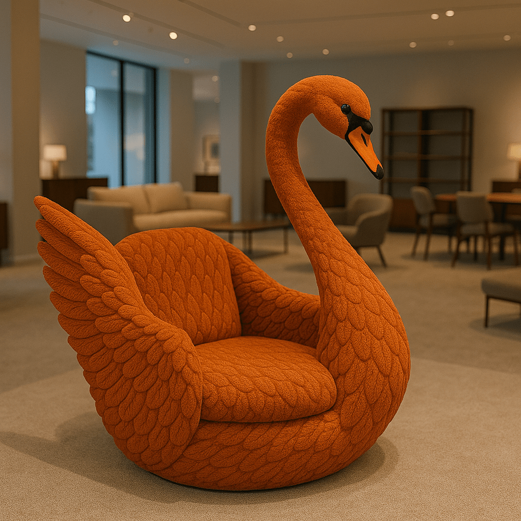 Bold orange swan-inspired chair featuring warm tones and soft feather texture, placed in a modern living area.