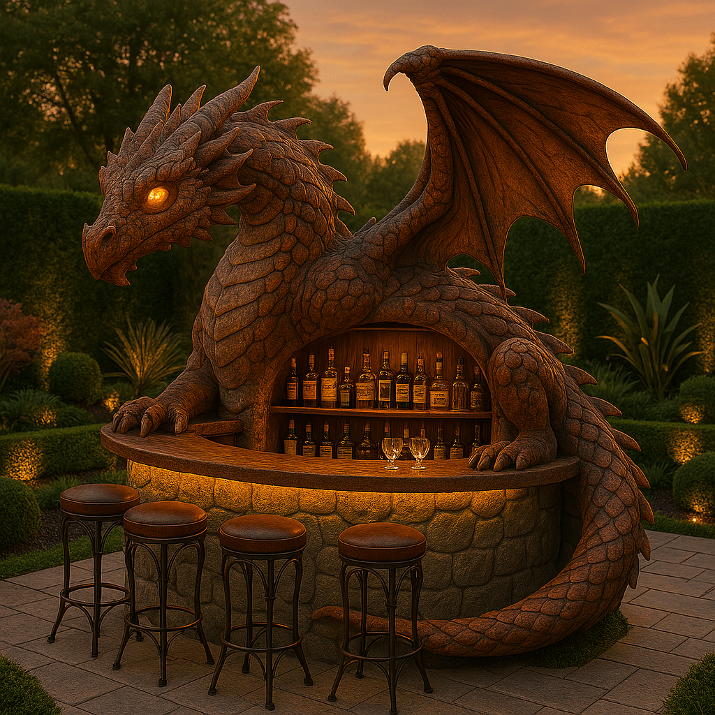 Red-toned dragon bar sculpture with whisky bottles and glasses in a landscaped garden setting