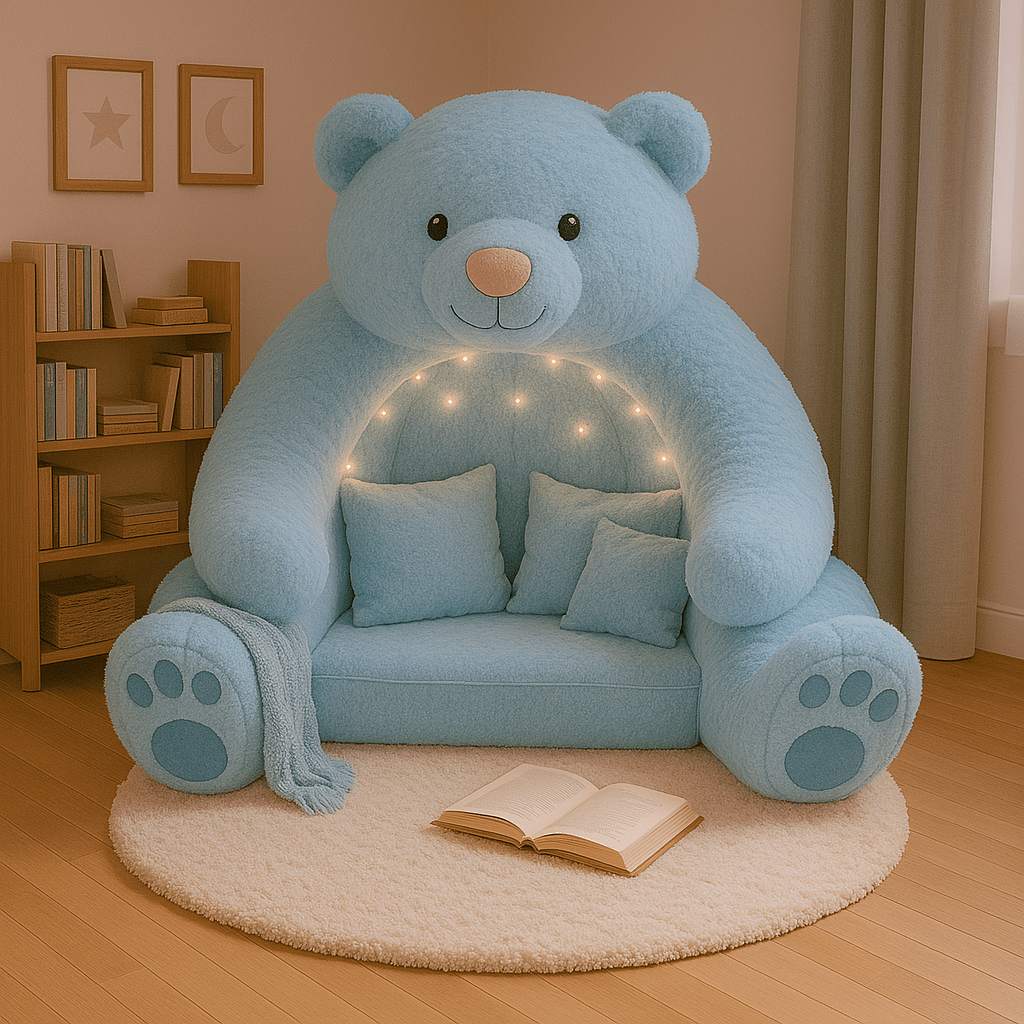 Light blue teddy bear chair with fairy lights and soft cushions
