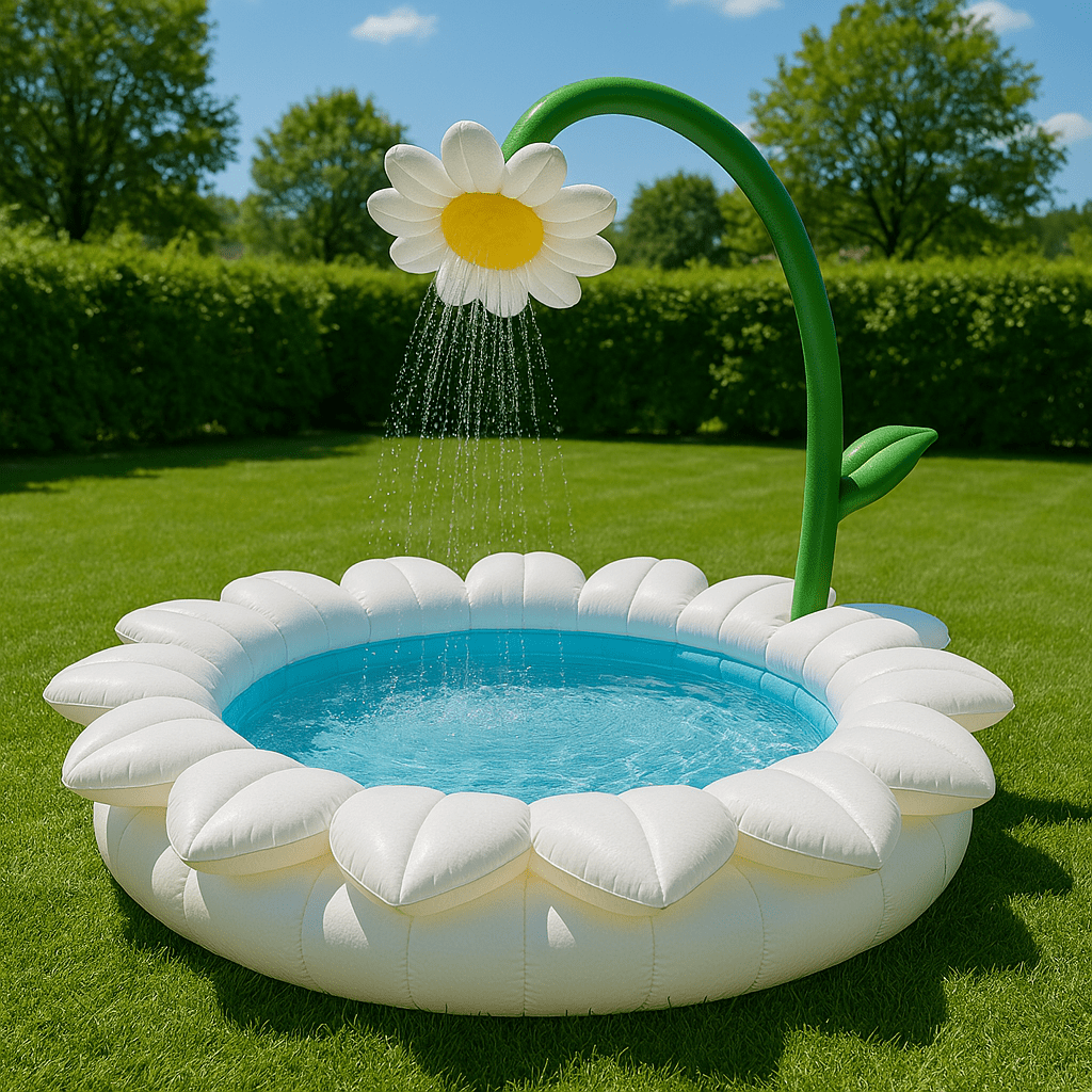 White daisy-inspired inflatable garden pool with overhead water sprinkler in sunny outdoor space