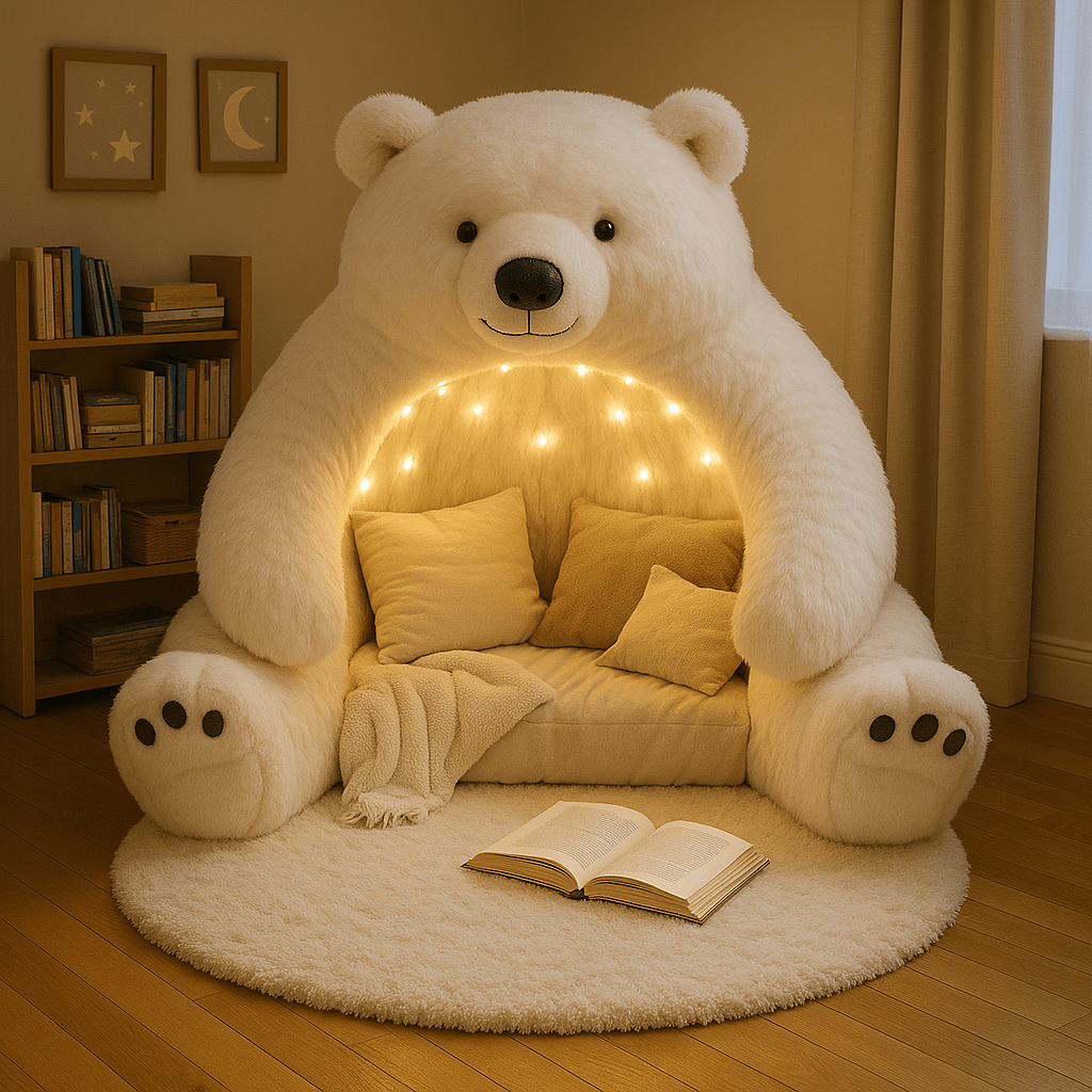Large white teddy bear with beige pillows and throw on a circular rug