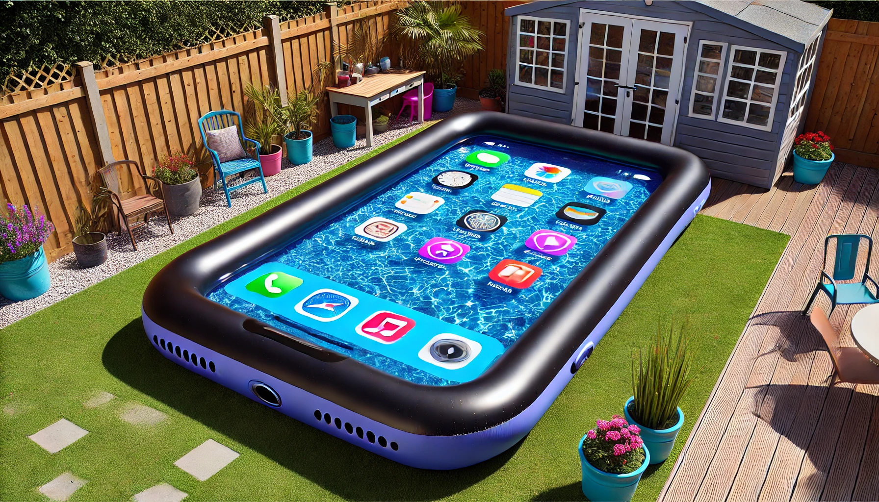 Realistic smartphone-themed inflatable pool with a black bezel and app icons in a sunlit garden