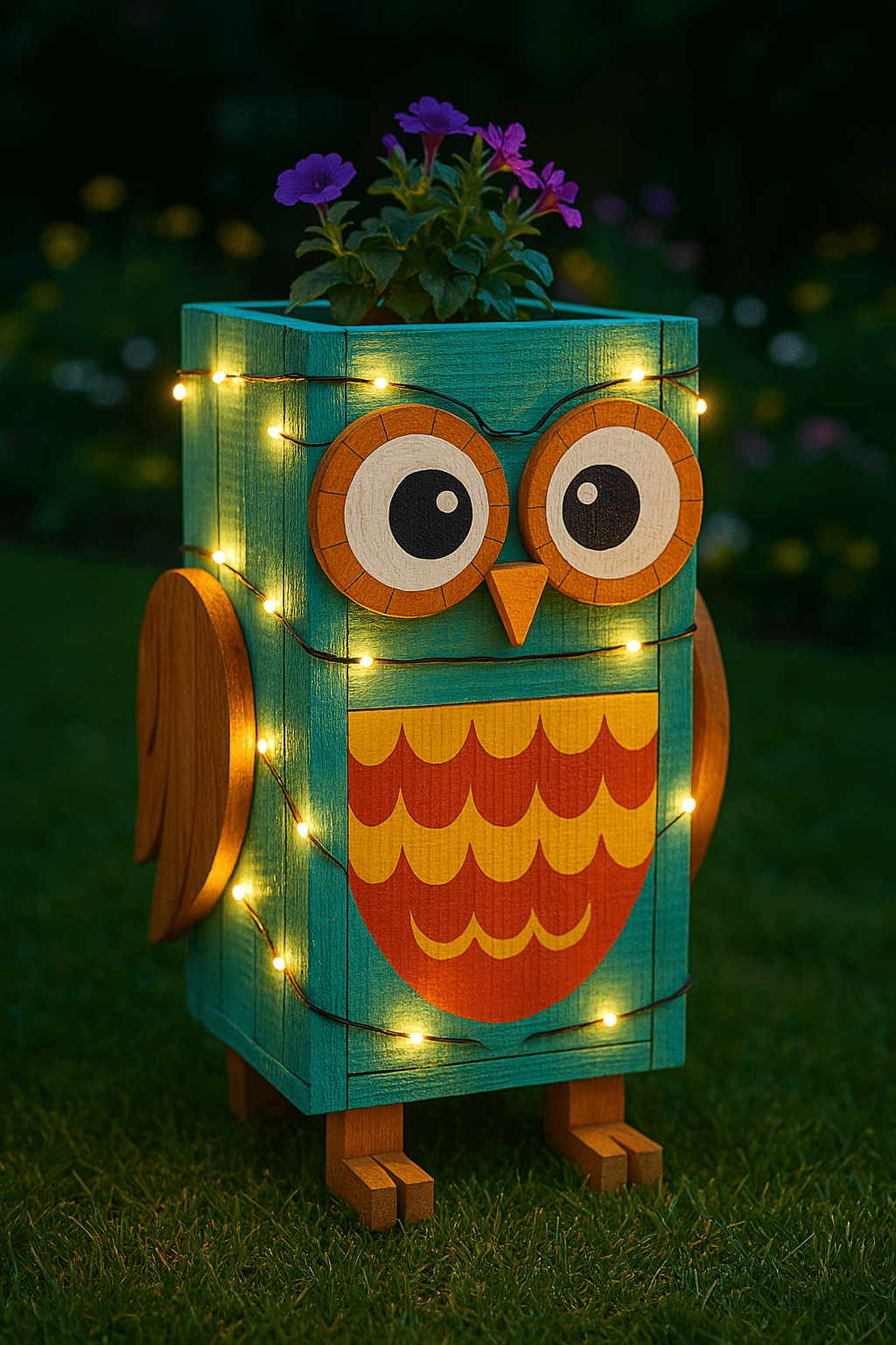 Whimsical turquoise owl-shaped garden planter with fairy lights and purple flowers on top